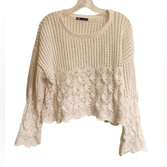 Zara Cream Open Knit Cropped Boxy Bell Sleeve Sweater Size Large - Picture 1 of 6